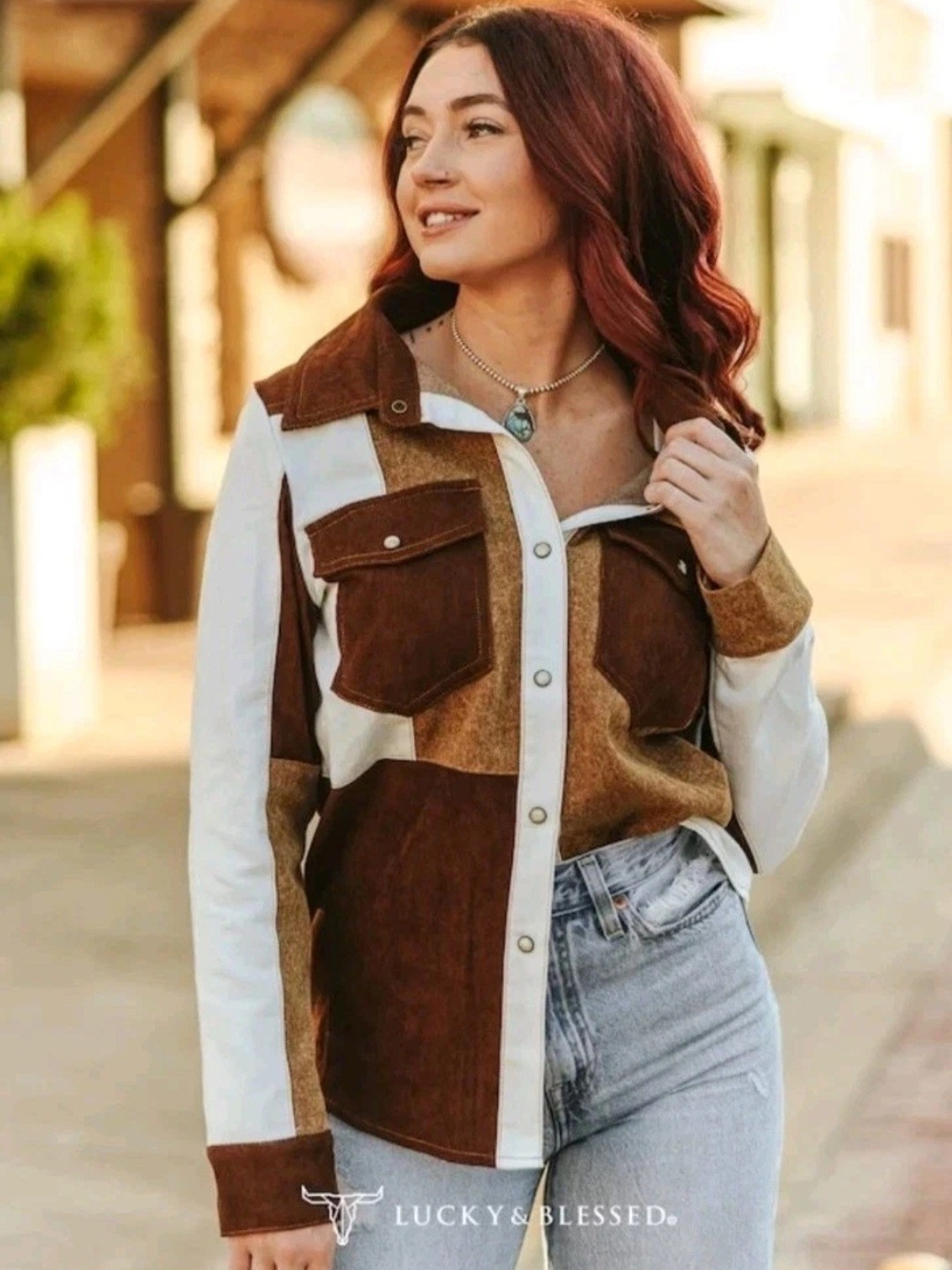 Lucky & Blessed Brown & Cream Patchwork Button-Up Shirt Jacket